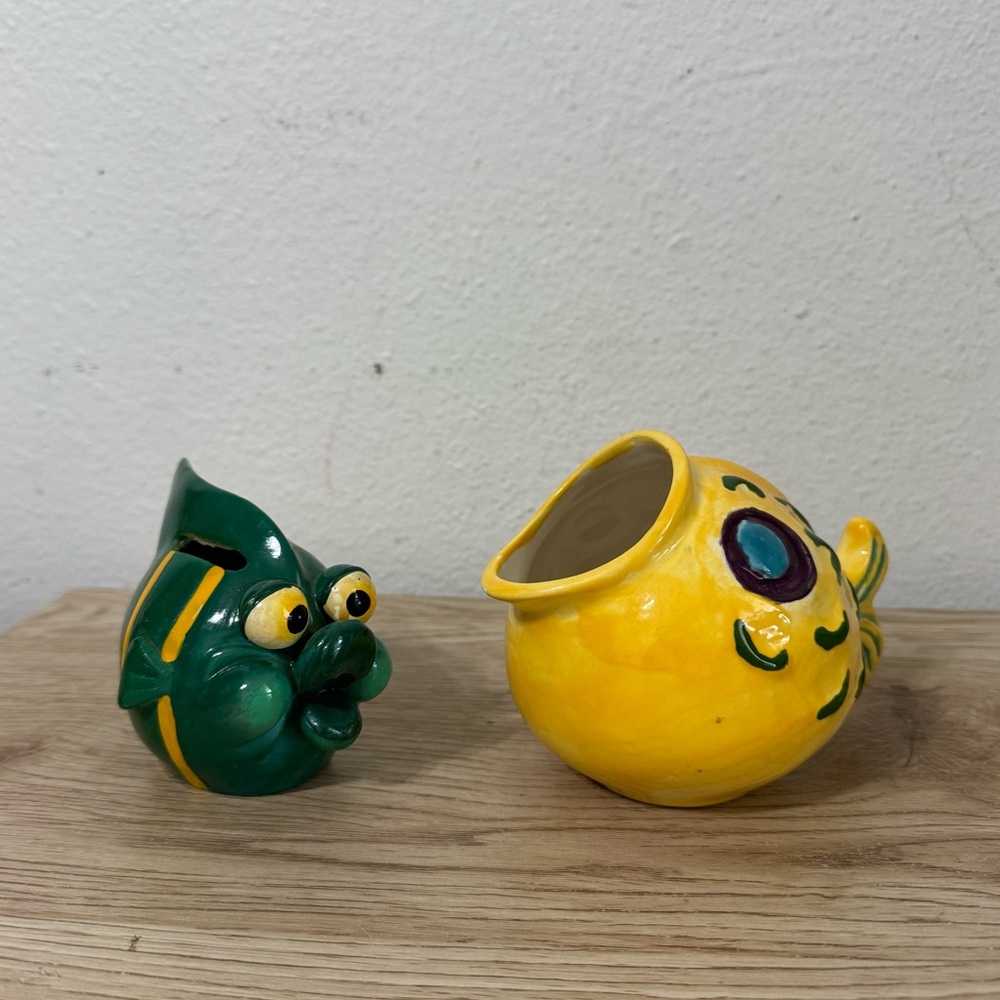 Ceramic Hand‎ Painted Fish Piggy Bank and Trinket Dish Sponge Holder Change Cup